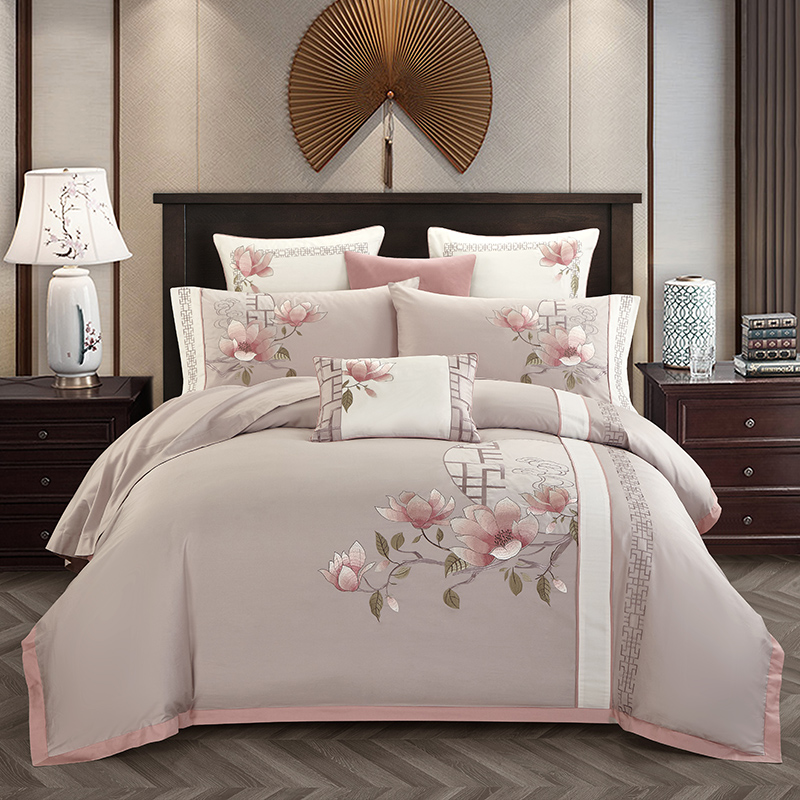 

Embroidery Chinoiserie style Duvet Quilt Cover Grey Leaves Comforter Cover Queen King 4Pcs Bedding set Bed sheets Fitted sheet, 15