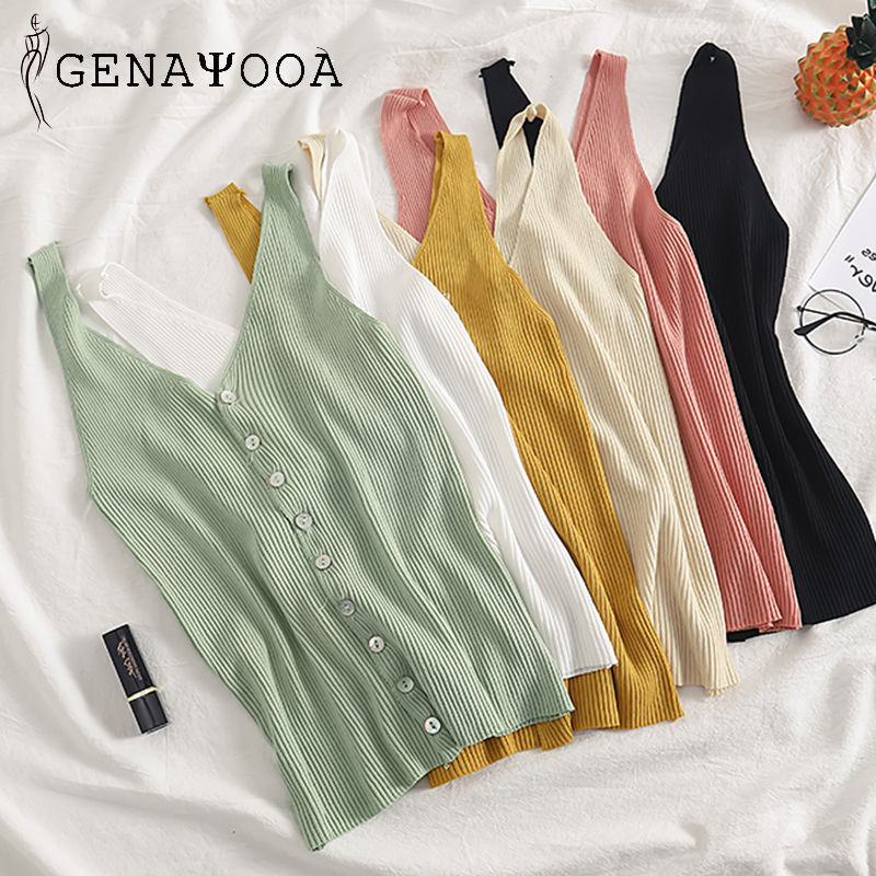 

Genayooa Vogue High Quality Sleeveless Top Women with Buttons Knitted Elastic V Neck Casual Tank Tops Women Summer Harajuku 2020, Black