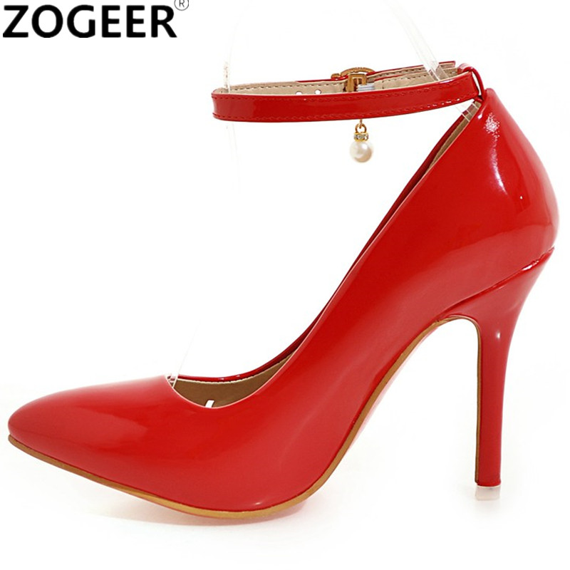 

Plus size 48 Hot Fashion Women Pumps Casual Ankle Straps Sexy High Heels Shoes Solid Casual White Red Nude Wedding Shoes Woman