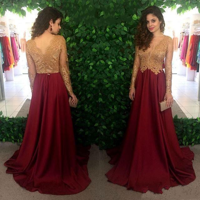 2019 Sexy Mother Of The Bride Dresses V Neck Gold Lace Appliques Long Sleeves Burgundy Satin Wedding Guest Dress Plus Size Mother Gowns