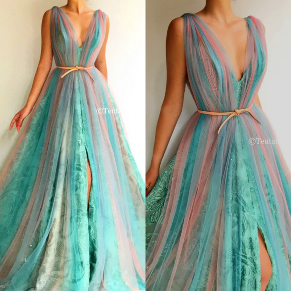 

2020 Rainbow Prom Dresses Lace Butterfly V Neck A Line Sweep Train Evening Dress Split Custom Made Formal Party Gowns Robes De Soirée, Same as image