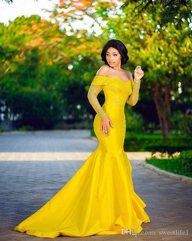 

2020 Gorgeous Yellow Off the Shoulder Prom Dresses Long Sleeve Lace Mermaid Dubai Arabic Formal Evening Occasion Party Dresses, Red