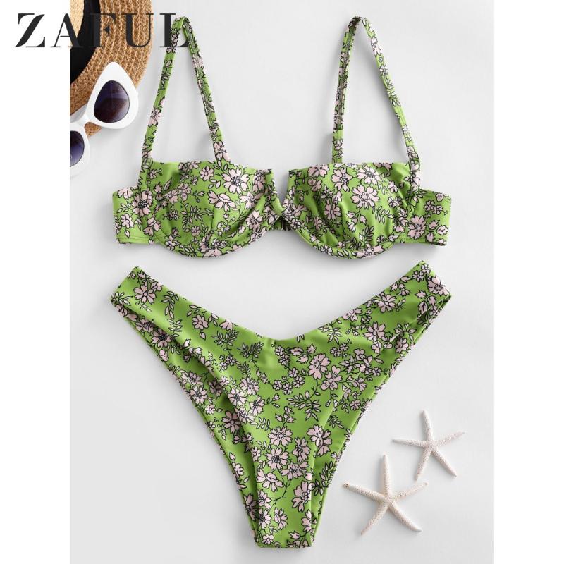 

ZAFUL Women Sexy Flower V Wired High Leg Bikini Swimsuit Underwire Split High-Cut Bikini Swimwear Push Up Two Pieces Swimsuit