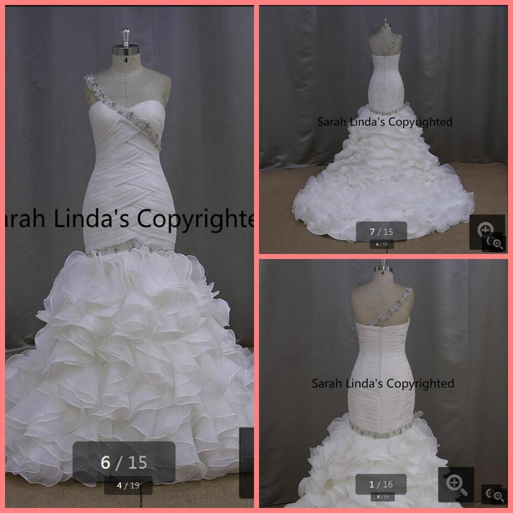 

Robe de Mariage real picture mermaid wedding dress one shoulder strap pleated ruffled elegant wedding gowns beading corset bride dress, White