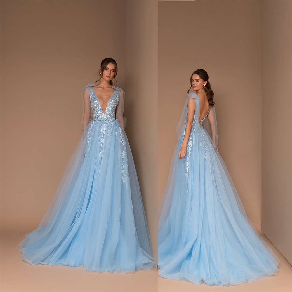 

2020 Gorgeous Evening Dresses V Neck Lace Appliqued Sequins Sleeveless Prom Gown Backless Ruffle Sweep Train Custom Made Formal Party Gown, Light yellow