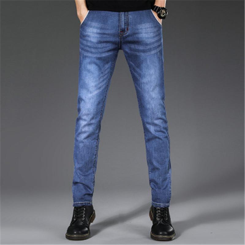

Men Jeans Thin Stretch Designer Summer Blue Business Casual Slim Straight Jeans Fashion Trend Denim Pants Male Trousers Loose Fit Large Size, 5833 light blue