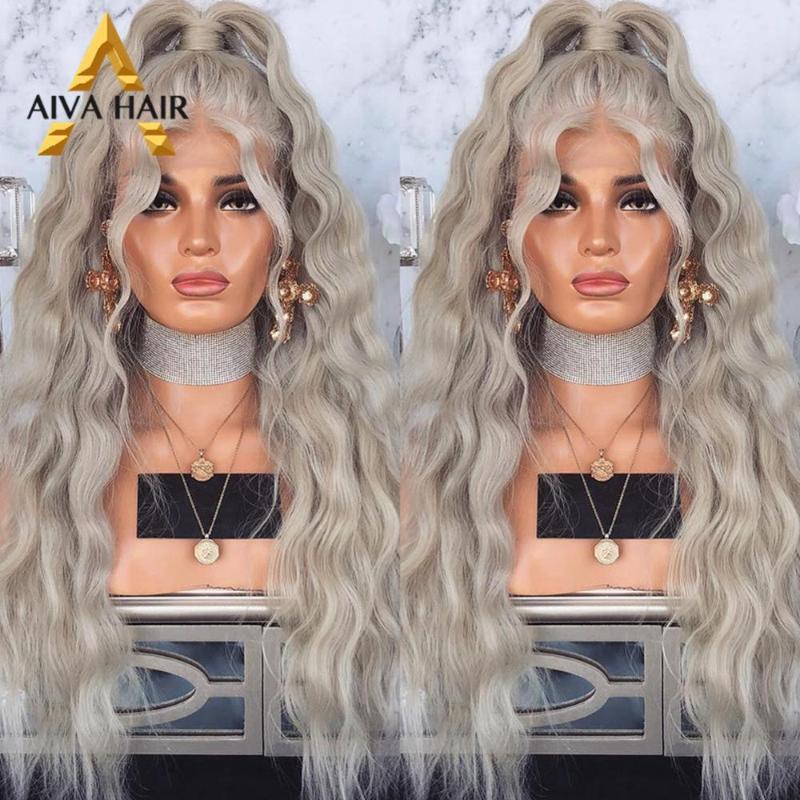 

Aiva Hair Glueless Long Cosplay Grey Wig Heat Resistant Deep Wave Lace Front Wig Synthetic Wigs For Black Women, Grey color