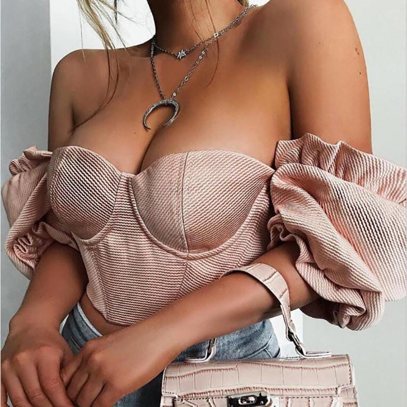 

New Summer Women' Shoulder Tube Top Chest Bubble Sleeves Slim Fitness Vest Sexy Corrugated Square Collar Short Tops, Pink