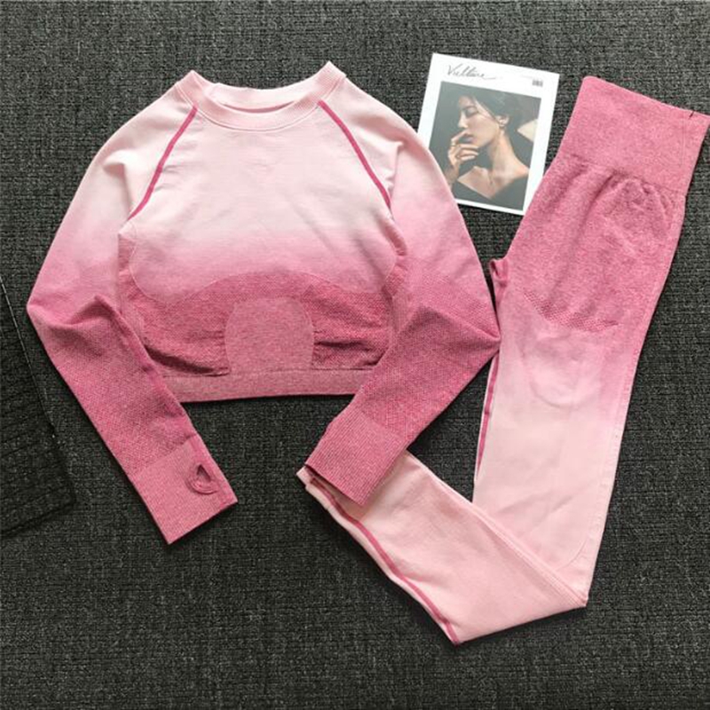 

Women Seamless Yoga Set Gym High Waist Leggings T-Shirts Top Suit Long Sleeve Fitness Workout Sport Running Sportswear Set, Red set