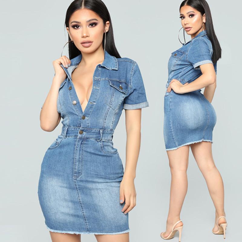 

Women Casual Denim Summer Dress Short Sleeve Bodycon Dress Turn Down Collar Light Blue Plus Size