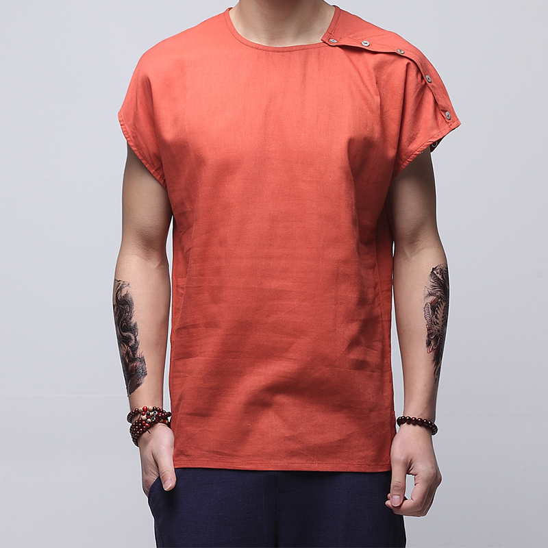 4 Colors Short Sleeve Men Summer Shirt Streetwear Vintage Collarless Shirt Man Korean Style Men Clothes Linen Mens Shirts XXXL