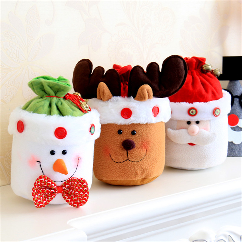 

New Year Christmas Candy Bag Santa Claus Drawstring Tableware Rustic Vintage Stockings Gift Bag