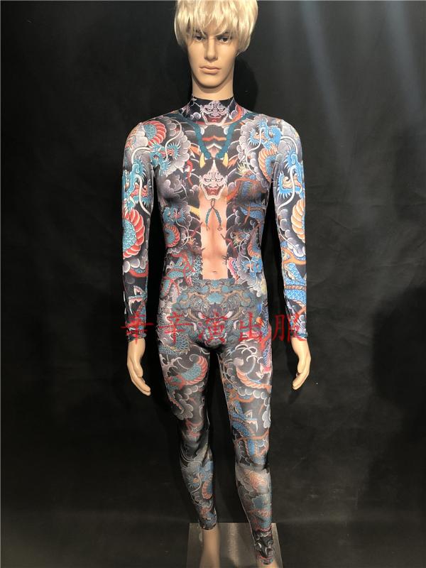 

Modern Nightclub Opening Male Model Play Catwalk Dragon Print Fake Exposed Meat Siamese Trousers Stage Dance Performance Costume, As pic