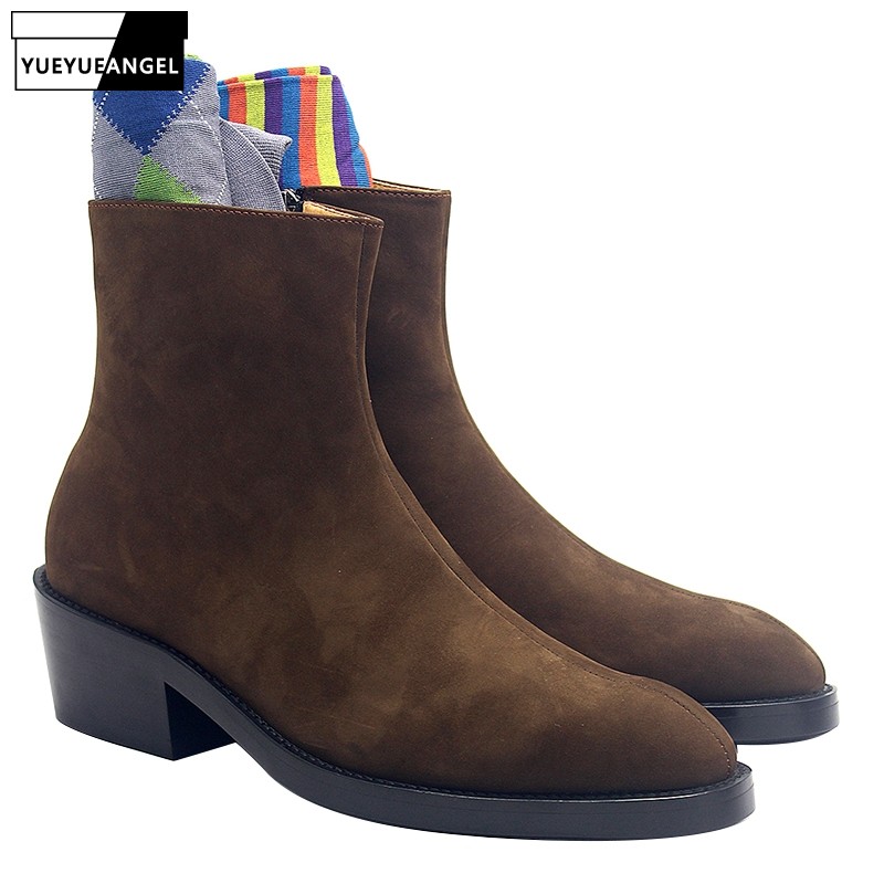Mens Cuban Heels Ankle Boot Suede Velvet Pointy Toe British Leisure Shoes 2018