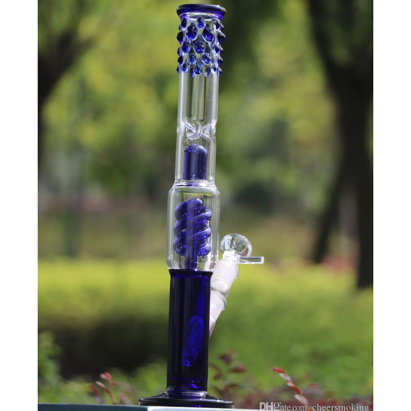 

38cm Downstwm Bowl Joint 18.8mm Purple Glass Bongs Spiral Percolators Hookahs Dab Rigs Two Function Bongs Water Pipes Hookahs