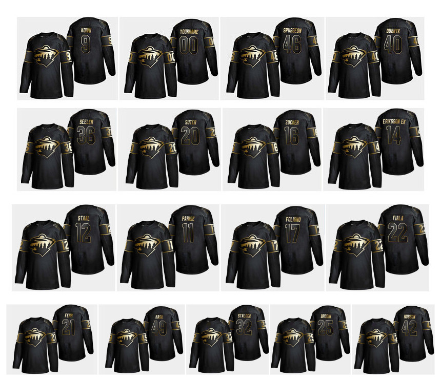 

Golden Edition Minnesota Wild Jersey 9 Mikko Koivu 11 Zach Parise 16 Jason Zucker 55 Nick Seeler 40 Devan Dubnyk 46 Jared Spurgeon Hockey, As pic