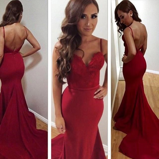 

2019 Sexy Lace Mermaid Prom Dresses Burgundy Evening Party Dresses Open Back Spaghetti Straps Lace Pleated Arabic Cheap Evening Wear, Same as picture