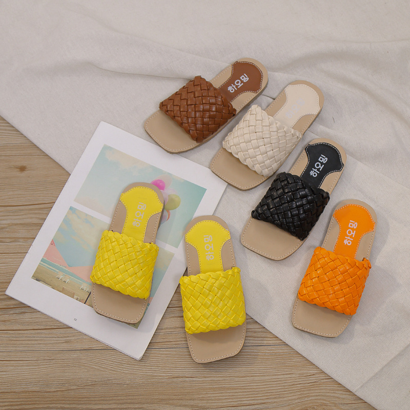 

New Style Children Shoes Candy Color Girls Slides Square Head Kids Slippers Woven Boys Beach Shoes Open Toe Students Floor, Orange