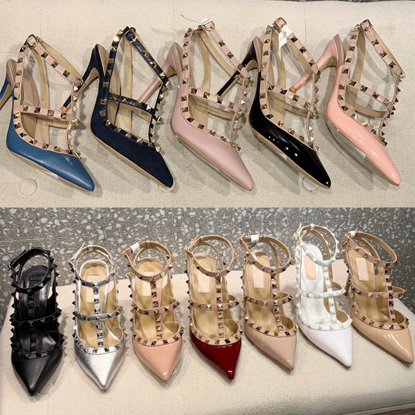 

women sandal studs pump women High Heels patent calfskin leather ankle strap pump TOP quality real leather Bottom Sexy shoes NO22