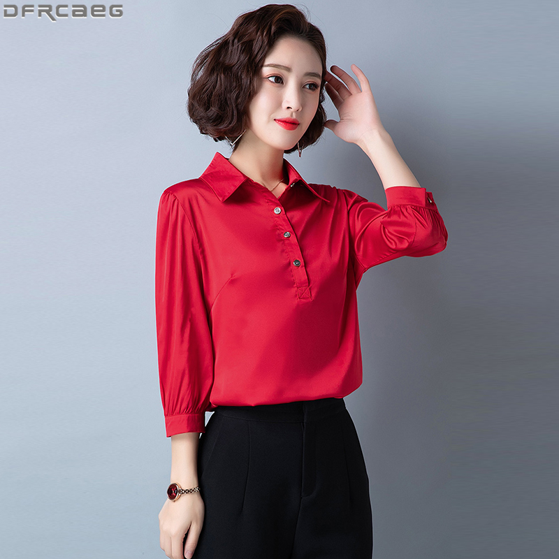 

Elegant Office Wear Blouse Women Spring Summer 3/4 Sleeve Ladies Tops Imitated Silk Satin Shirt Female Red White Formal Blusas, Blue