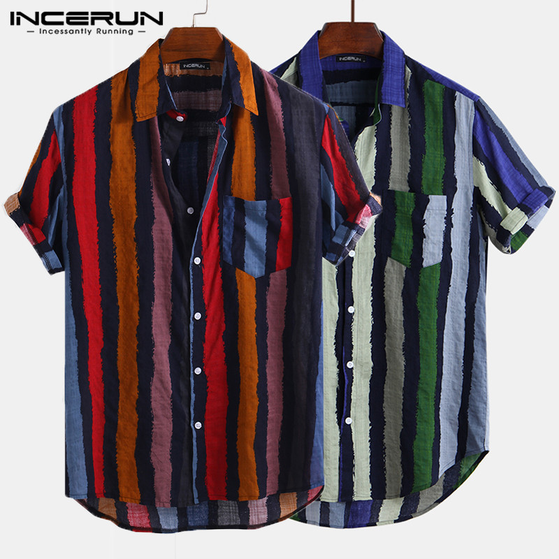 INCERUN Striped Men Shirt Streetwear Button Up Pockets Loose Short Sleeve Men Casual Shirts 2020 Stylish Camisa Masculina S-5XL MX200518