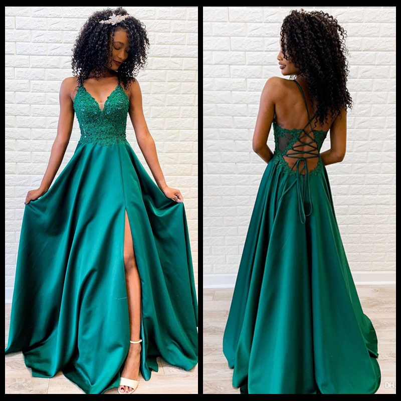 

Sexy Green Sleeveless Satin Prom Formal Dresses A Line Satin Split Slit Evening Dress Lace Appliques Beading Gowns Party Illusion Wear Dress, Same as image