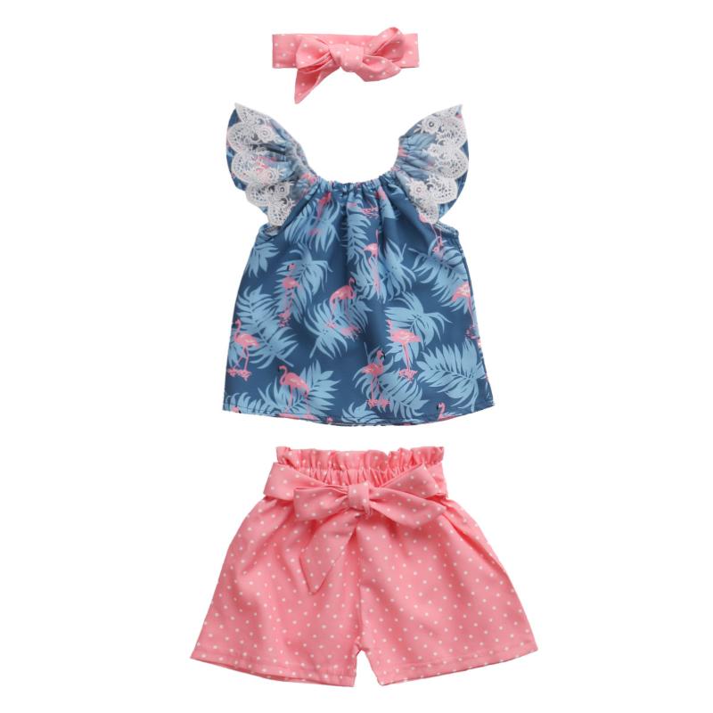 

New Toddler Baby Girl Flamingo Clothes Set Lace Sleeves Off Shoulder Ruffle Top+Shorts+Headband Outfit 3Pcs
