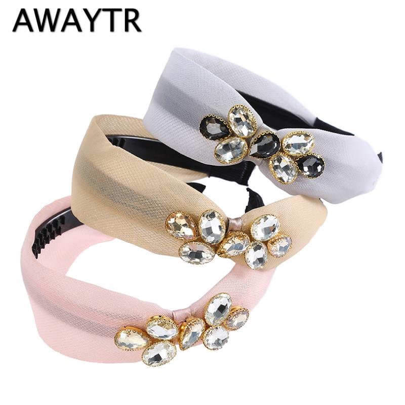 

AWAYTR New Fashion Rhinestone Hairband Women Solid Wide Side Headband Lace Knot Turban Girls Hair Accessories Headwear