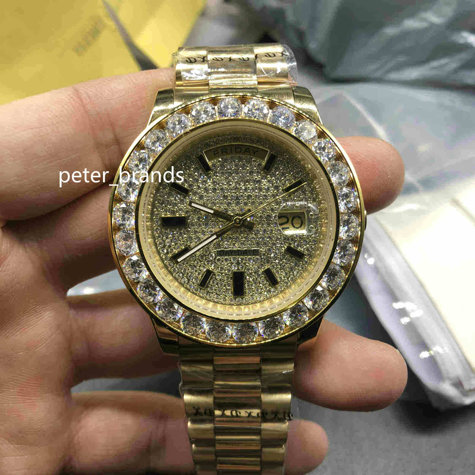 

High quality Day Date watch18K Gold Luxury mens watch Big diamond Bezel Gold Stainless steel original strap Automatic men Watches, Slivery;brown