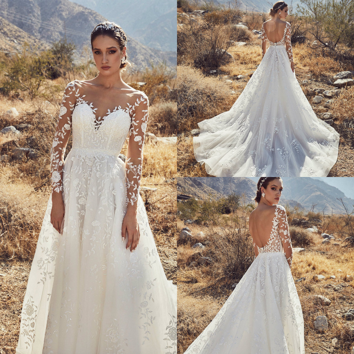 

2020 Elegant A Line Beach Wedding Dresses Sheer Bateau Neck Sexy Lace Appliqued Long Sleeve Bridal Gowns Sweep Train Backless Wedding Dress, Nude