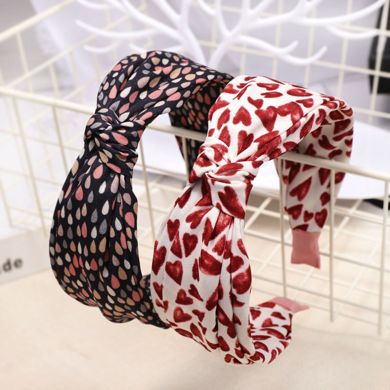 

Bohemian Heart Pattern Print Satin Center Knot Hairband Wide Knotted Headband Hair Accessories