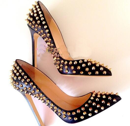 

Free shipping fashion Women Pumps Black real matt LEATHER GOLD SPIKES RIVETS point toe high heels cone heel shoes genuine leather 120mm, Nude