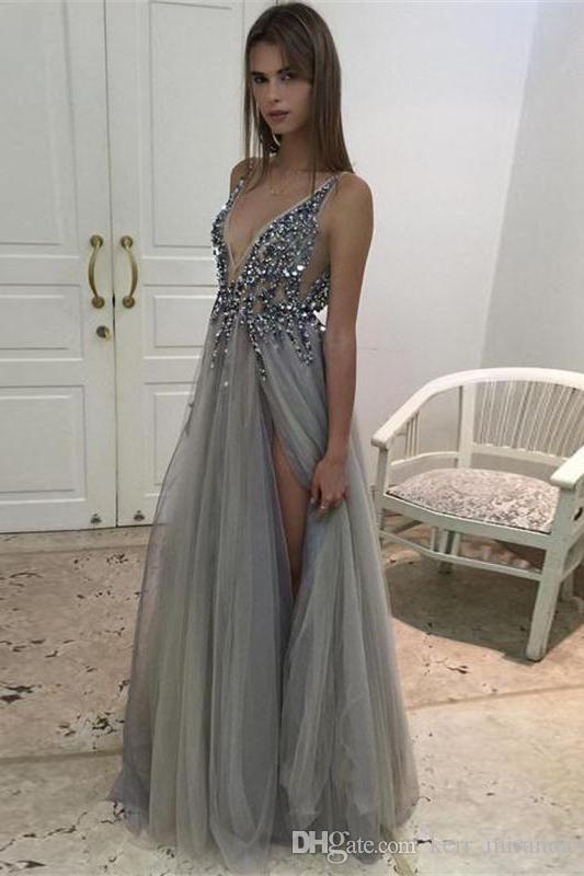 

Shinning Sexy Prom Dresses Side Split Sequins Beading Deep V Neck Cocktail Dresses Evening Wear Tulle Backless Party Prom Gowns HY189, Sage