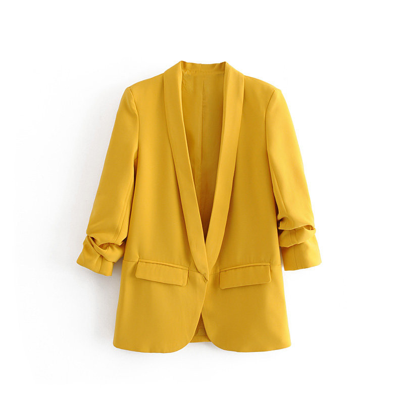 

Yellow Shawl Collar Elegant Office Ladies Workwear Blazer 2020 New Spring Autumn Jacket Buttonless Cardigan Blazer Female Tops