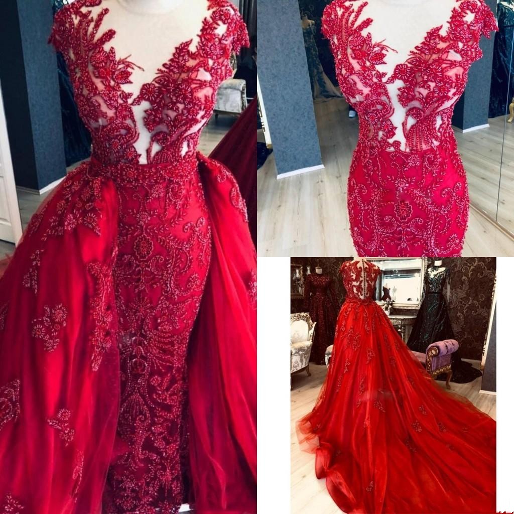 

Luxury Red Beaded Mermaid Evening Gowns With Detachable Train Lace Appliqued Evening Gown Plus Size Formal Party Prom Dresses, Coral