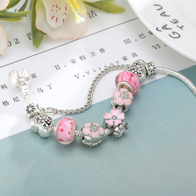 

Wholesale- European Charm Pink/blue Bead Pandora Bracelet for Women's Magnolia pendant Snake Bone Bracelet Jewelry