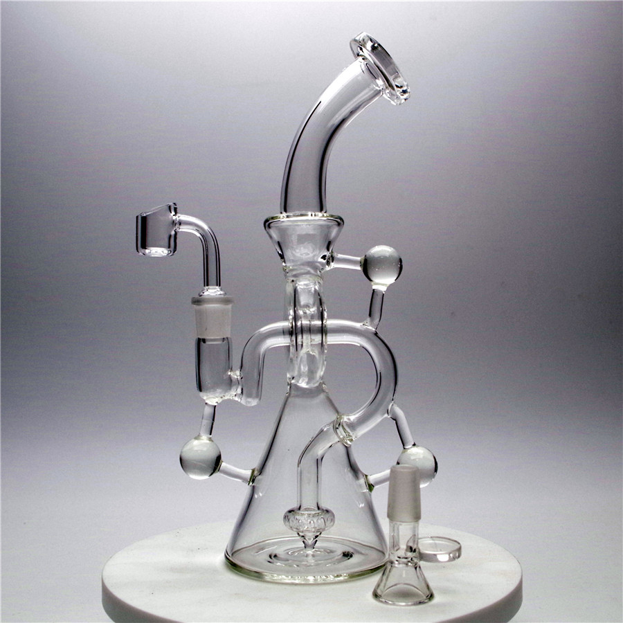 

Hookahs 10Inches Recycler Dab Rig Unique Glass Bong with 14mm bowl and 1 Quartz banger for gift Glass Smoking Pipes Global delivery