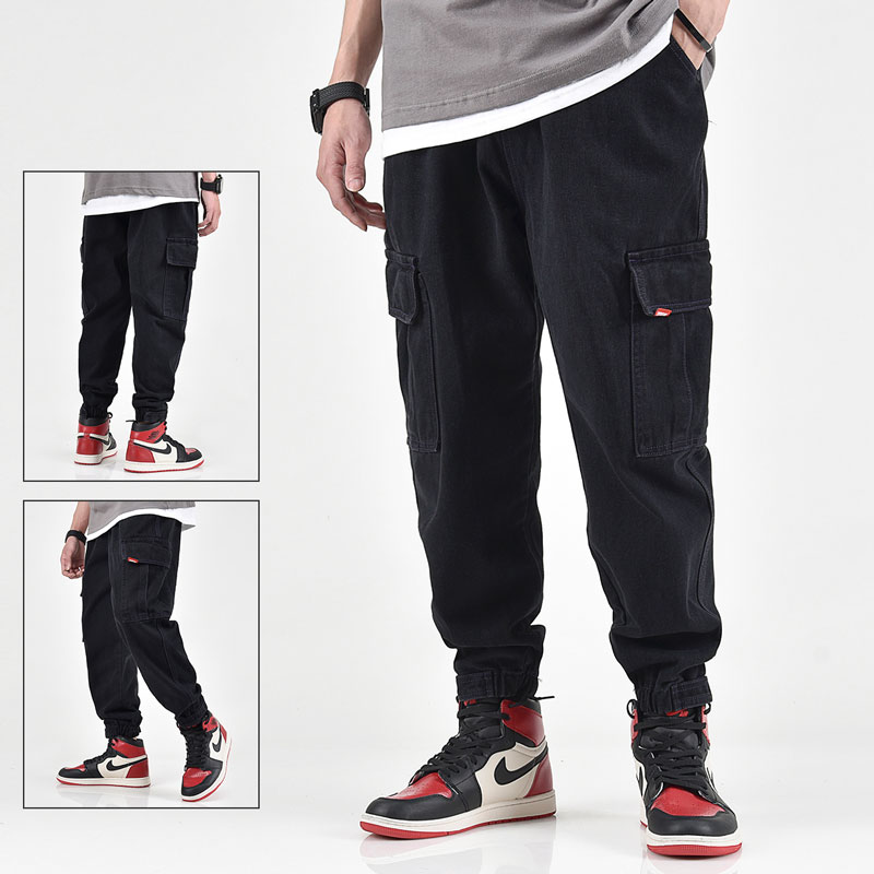 

Fashion Streetwear Men Jeans Loose Fit Big Pocket Cargo Pants Black Color Japanese Style Hip Hop Harem Jeans Men Joggers Pants