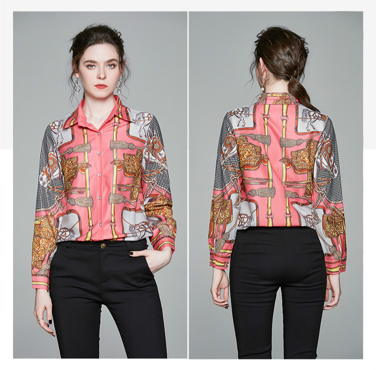 

Hot Luxury Fashion Printed Elegant Pink Shirts Women Long Sleeve Lapel Neck Ladies Runway Button Shirt Blouses Office Designer Shirts Tops, Customize