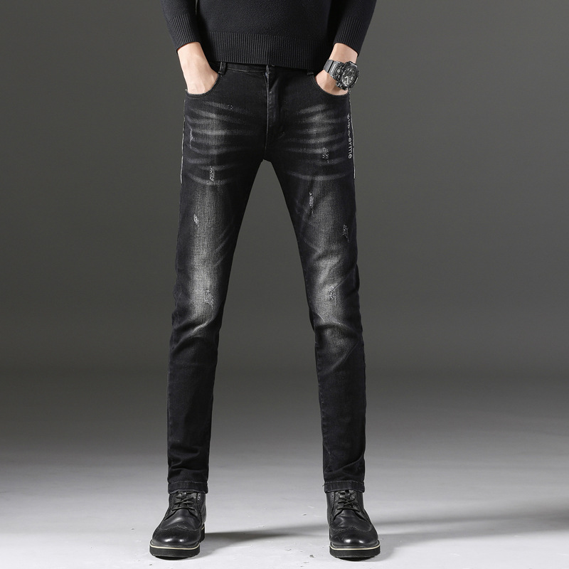 

New Fashion Stretch Skinny Jeans for Men 2019 Spring Hiphop Ripped Slim Fit Wash Straight Pants Plus Size, Black