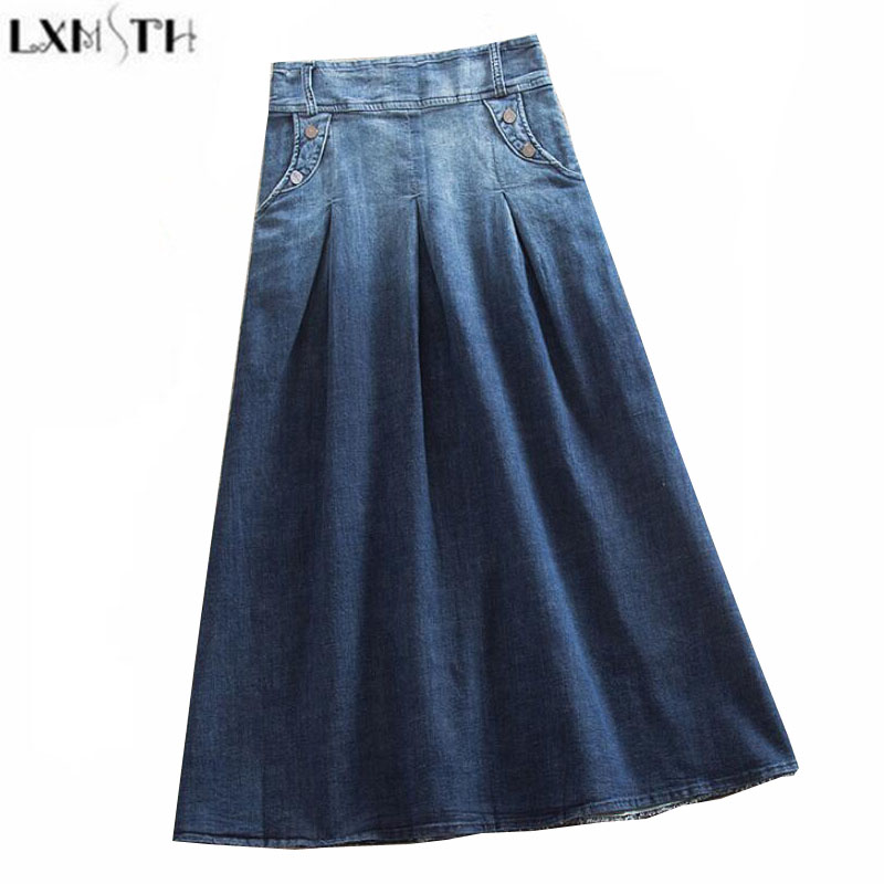 

LXMSTH Vintage Womens Denim Skirts Plus Size Elastic Waist Gradient A Line Casual Skirts Women Long Jeans Skirt High Waist S-8XL, Blue