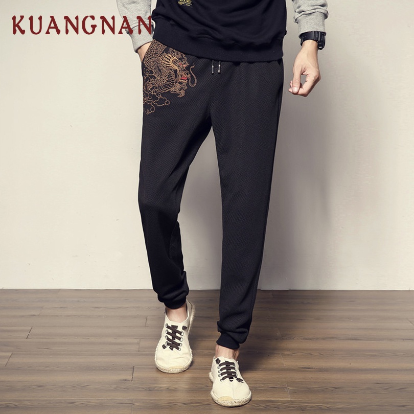 

KUANGNAN Chinese Dragon Embroidery Pants Men Jogger Streetwear Joggers Men Pants Hip Hop Sweatpants Trousers 2019 New, Black