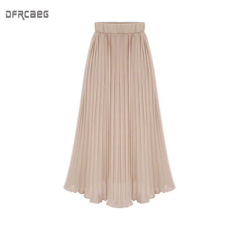 

Summer 2019 New Arrivals Euro Style Midi Pleated Skirt For Women Black White Beige Pink Chiffon Skirts Womens Elastic Waist Saia