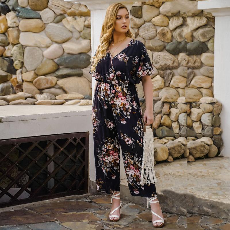 

2020 4XL XXXXL Plus Size Women Jumpsuits Ladies Fashion Floral Printed V-Neck Sexy Casual Short Sleeve Chiffon Summer Playsuits, Navy blue