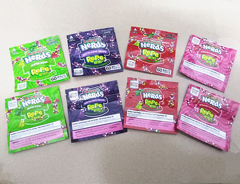 

2020 new hot square medicated nerds rope bag 600mg mylar zipper bag resealable gummy edibles custom