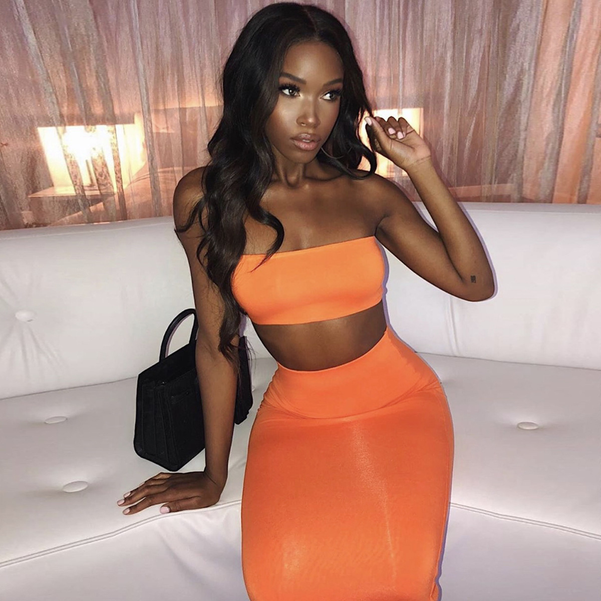 

2020 sexy breast wrapped hip skirt two-piece suit women's XL9703, Fluorescent green