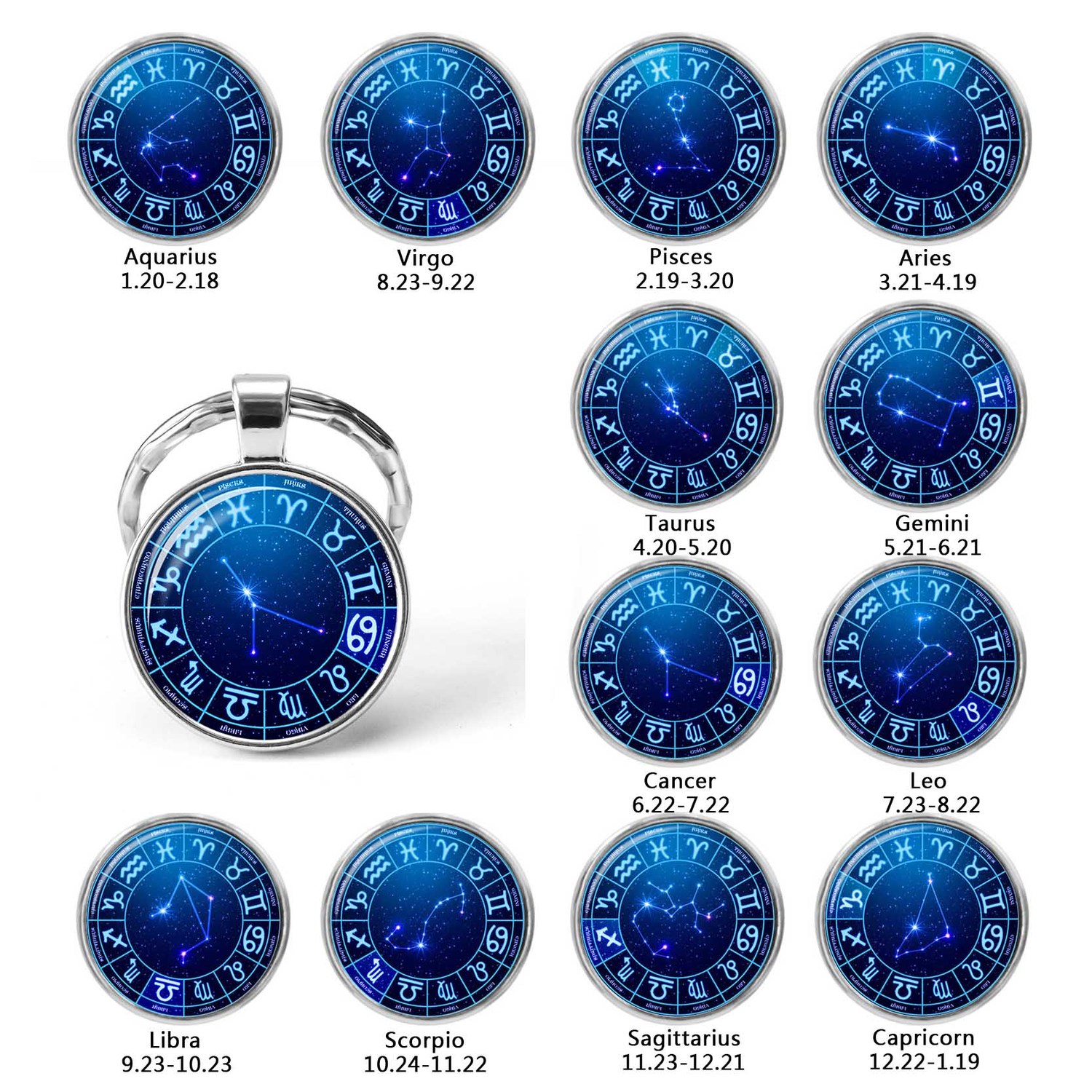 

Blue Virgo Taurus Scorpio Zodiac Sign Pendant Silver Plated Glass Constellations Keychains Key Rings Chains Women Birthday Gift