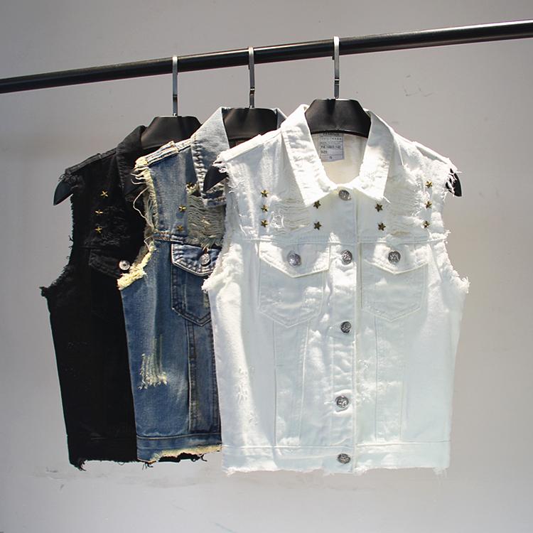 

Cowboy Waistcoat Female Spring Summer New Slim Short Sleeveless Clip Grinding Hole Rivet Student Korean Vest Coat Casual Vests, Black