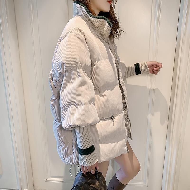 

corduroy thick parka overcoat Winter warm fashion outerwear coats Women oversize stand collar streetwear jacket coat female, Ivory