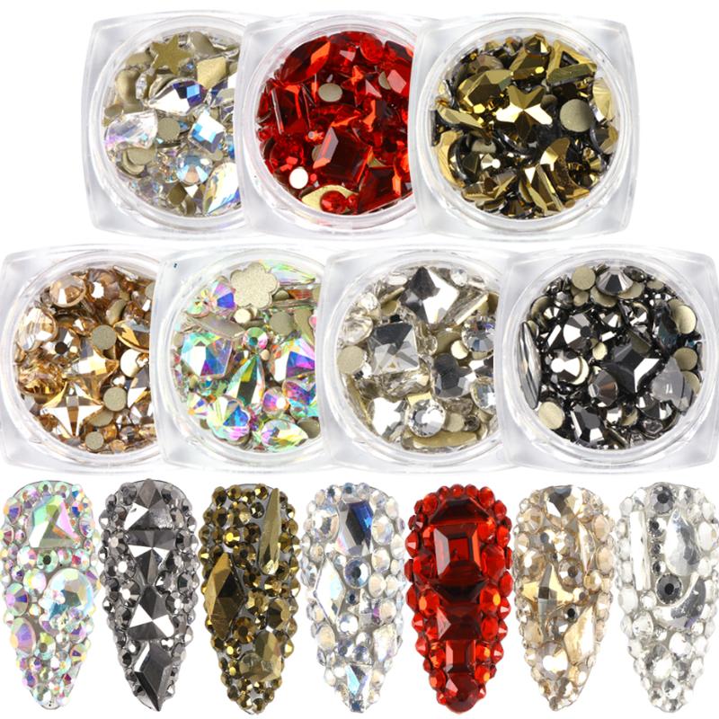 

1Box Crystal Nail Art Rhinestones Mixed Heart Cube Water Drops Designs Gem Diamond Flatback 3D Stones Manicure Decoration BE1607